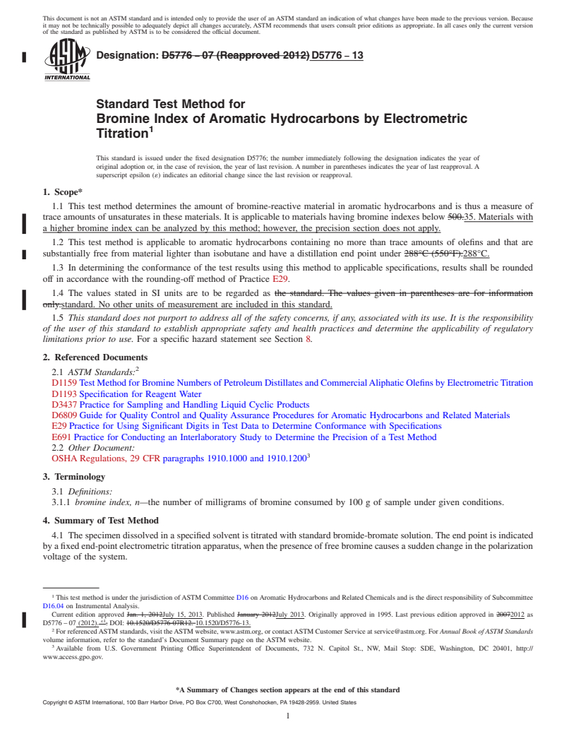 REDLINE ASTM D5776-13 - Standard Test Method for Bromine Index of Aromatic Hydrocarbons by Electrometric Titration