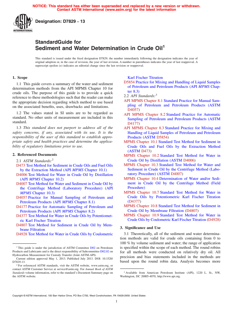 ASTM D7829-13 - Standard Guide for Sediment and Water Determination in Crude Oil