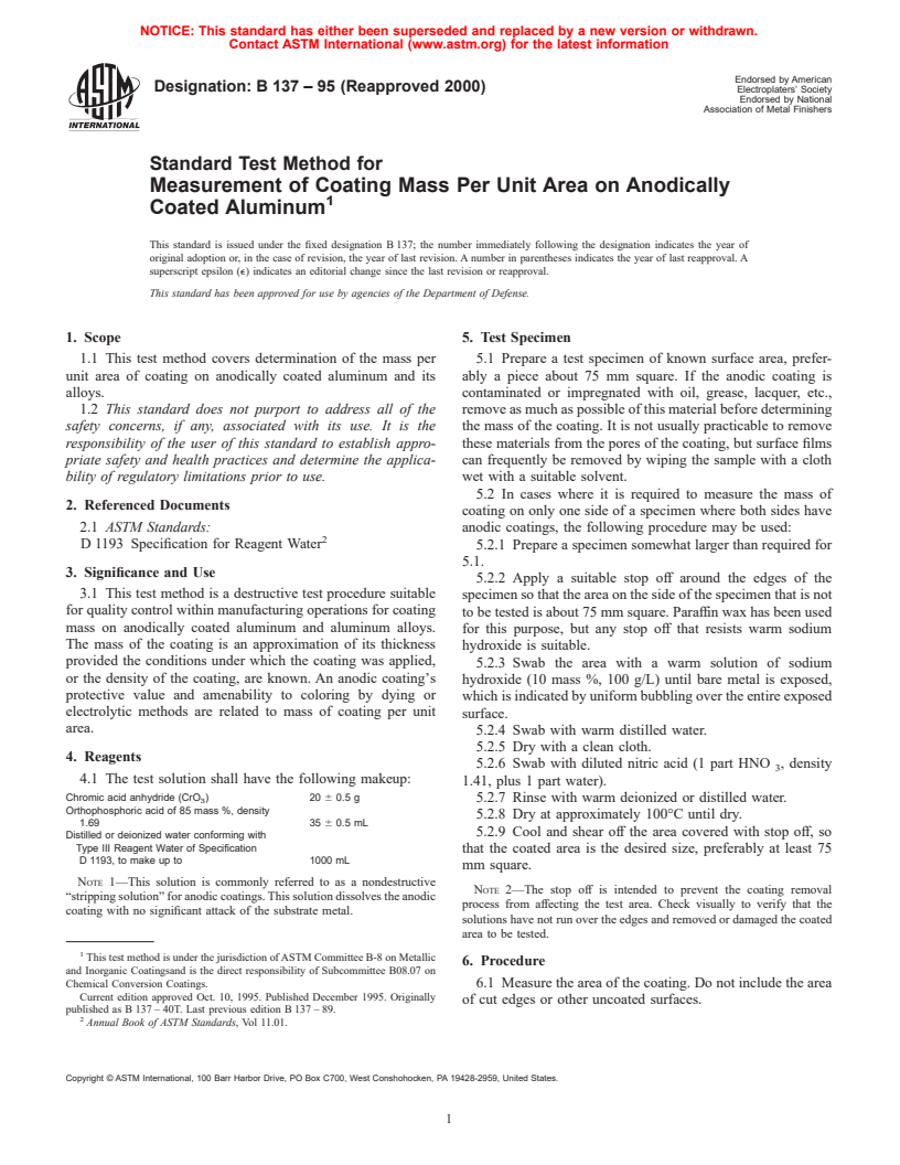 ASTM B137-95(2000) - Standard Test Method for Measurement of Coating Mass Per Unit Area on Anodically Coated Aluminum