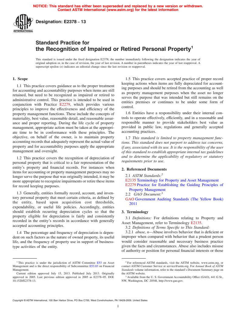 ASTM E2378-13 - Standard Practice for  the Recognition of Impaired or Retired Personal Property