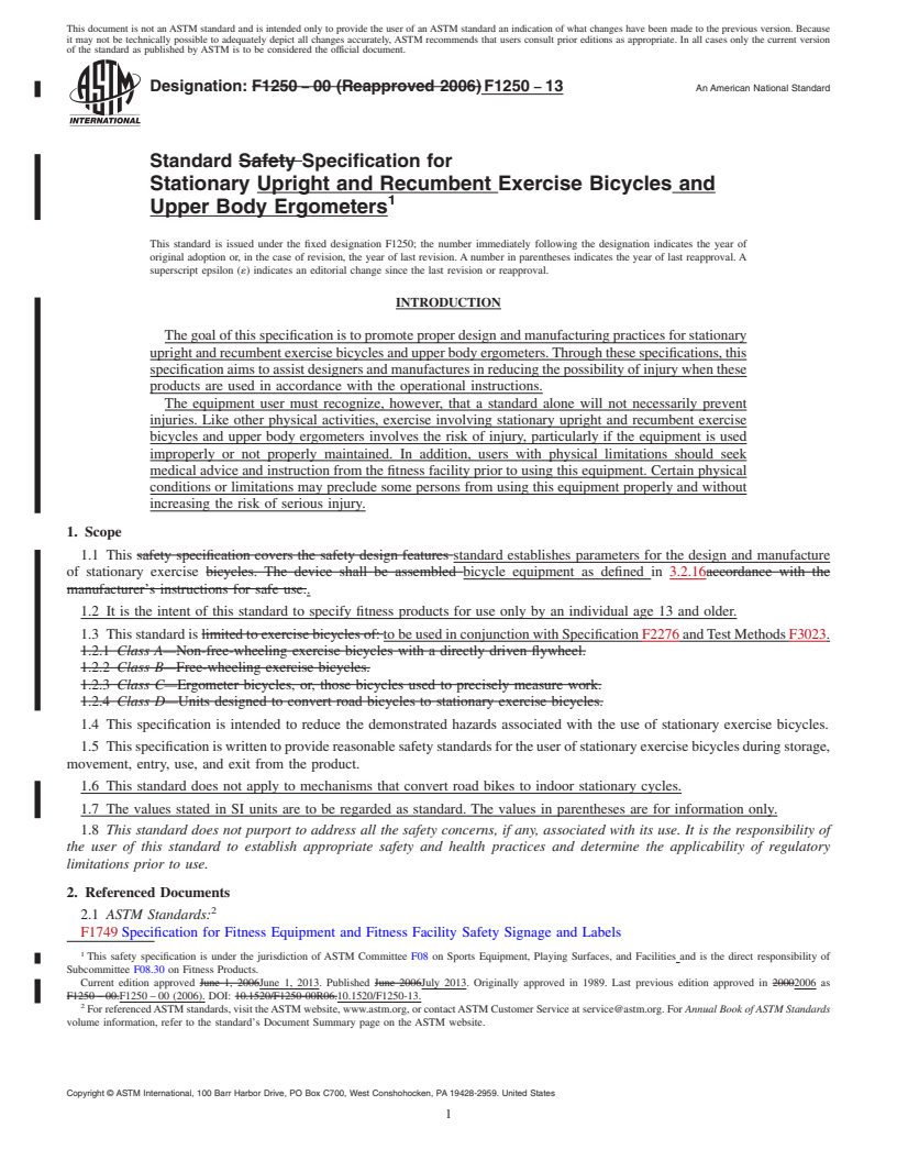 REDLINE ASTM F1250-13 - Standard Specification for  Stationary Upright and Recumbent Exercise Bicycles and Upper  Body Ergometers