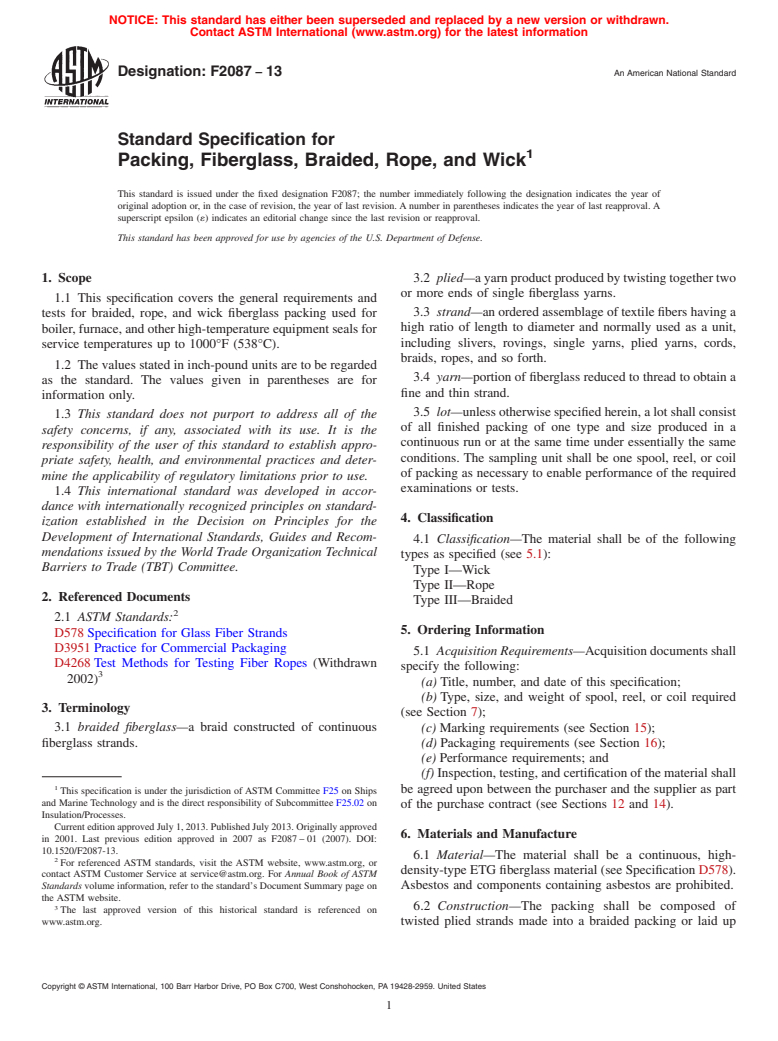 ASTM F2087-13 - Standard Specification for  Packing, Fiberglass, Braided, Rope, and Wick