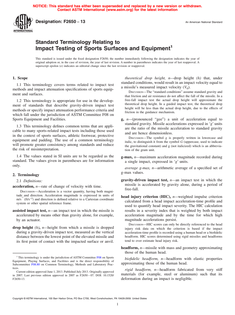 ASTM F2650-13 - Standard Terminology Relating to  Impact Testing of Sports Surfaces and Equipment