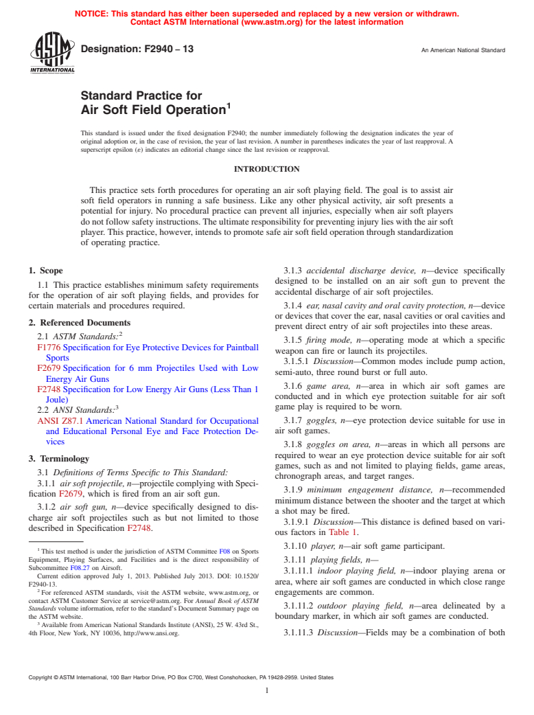 ASTM F2940-13 - Standard Practice for Air Soft Field Operation