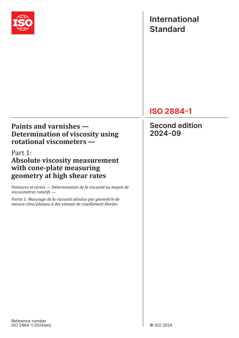 ISO 2884-1:2024 - Paints and varnishes — Determination of viscosity using rotational viscometers — Part 1: Absolute viscosity measurement with cone-plate measuring geometry at high shear rates
Released:6. 09. 2024