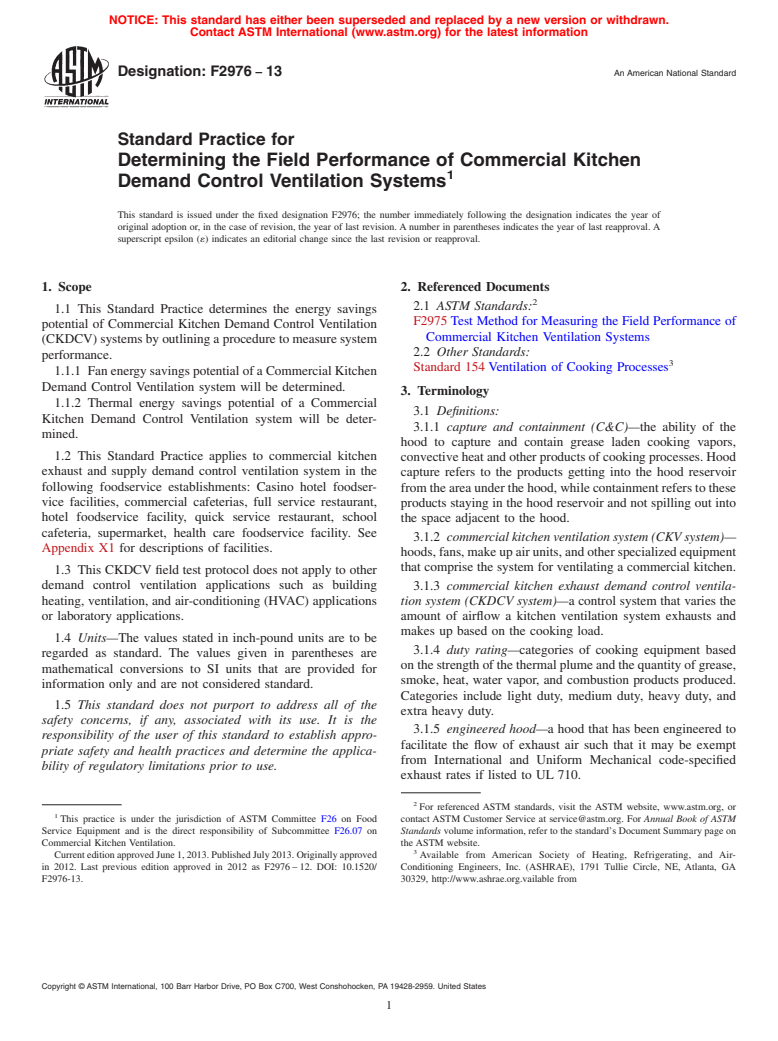 ASTM F2976-13 - Standard Practice for Determining the Field Performance of Commercial Kitchen Demand  Control Ventilation Systems