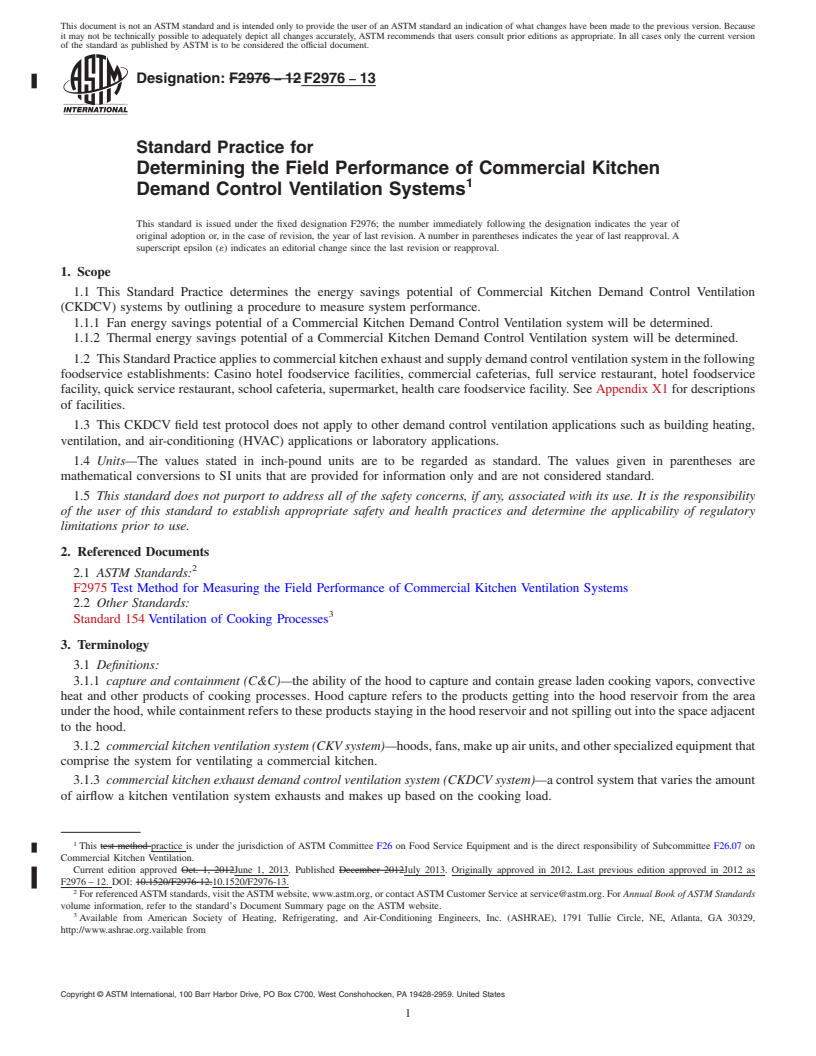 REDLINE ASTM F2976-13 - Standard Practice for Determining the Field Performance of Commercial Kitchen Demand  Control Ventilation Systems