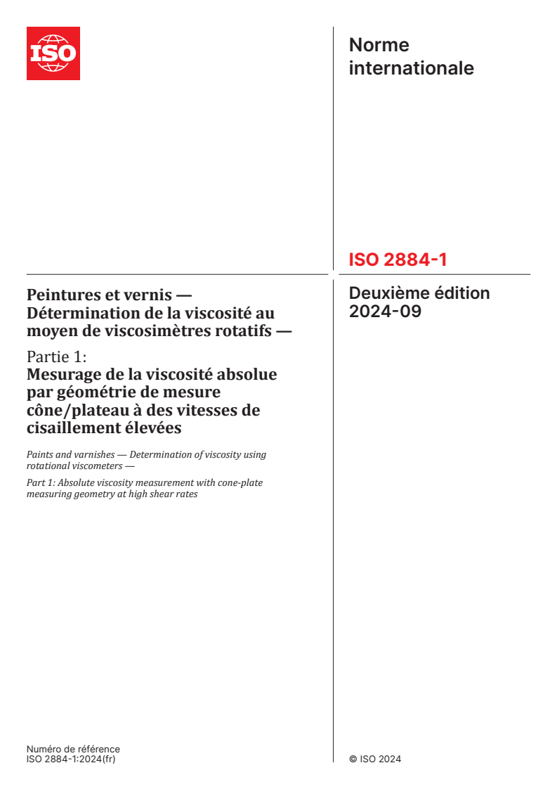 ISO 2884-1:2024 - Peintures et vernis — Détermination de la viscosité au moyen de viscosimètres rotatifs — Partie 1: Mesurage de la viscosité absolue par géométrie de mesure cône/plateau à des vitesses de cisaillement élevées
Released:6. 09. 2024