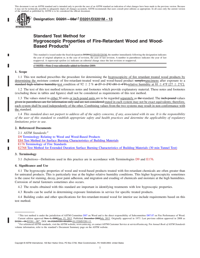 REDLINE ASTM D3201/D3201M-13 - Standard Test Method for Hygroscopic Properties of Fire-Retardant Wood and Wood-Based  Products