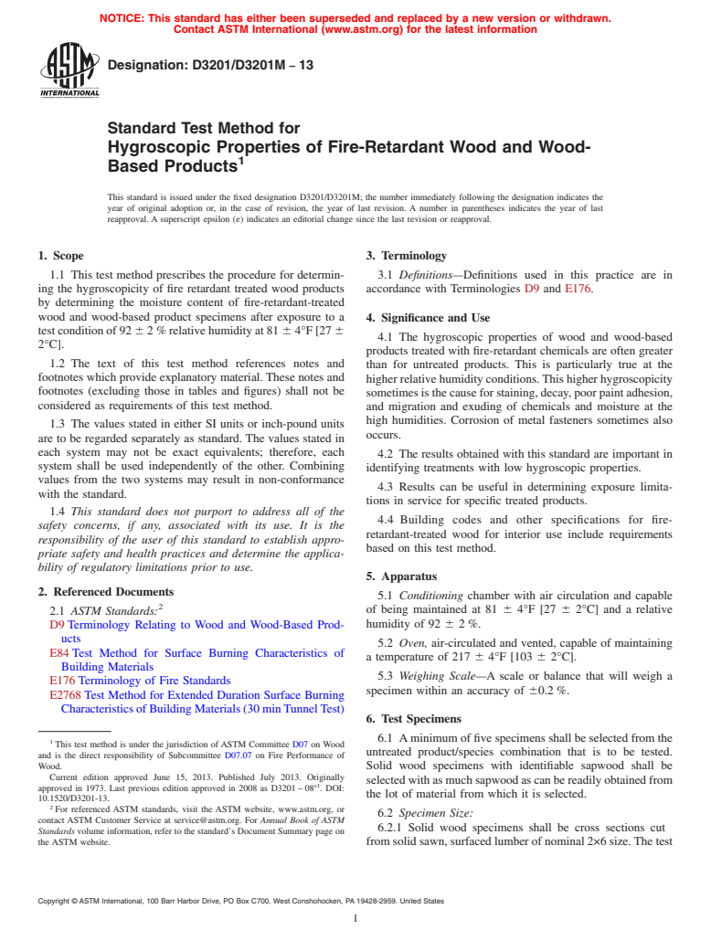 ASTM D3201/D3201M-13 - Standard Test Method for Hygroscopic Properties of Fire-Retardant Wood and Wood-Based  Products