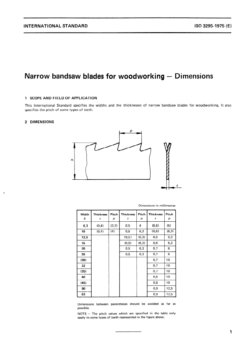 ISO 3295:1975 - Narrow bandsaw blades for woodworking — Dimensions
Released:1. 02. 1975