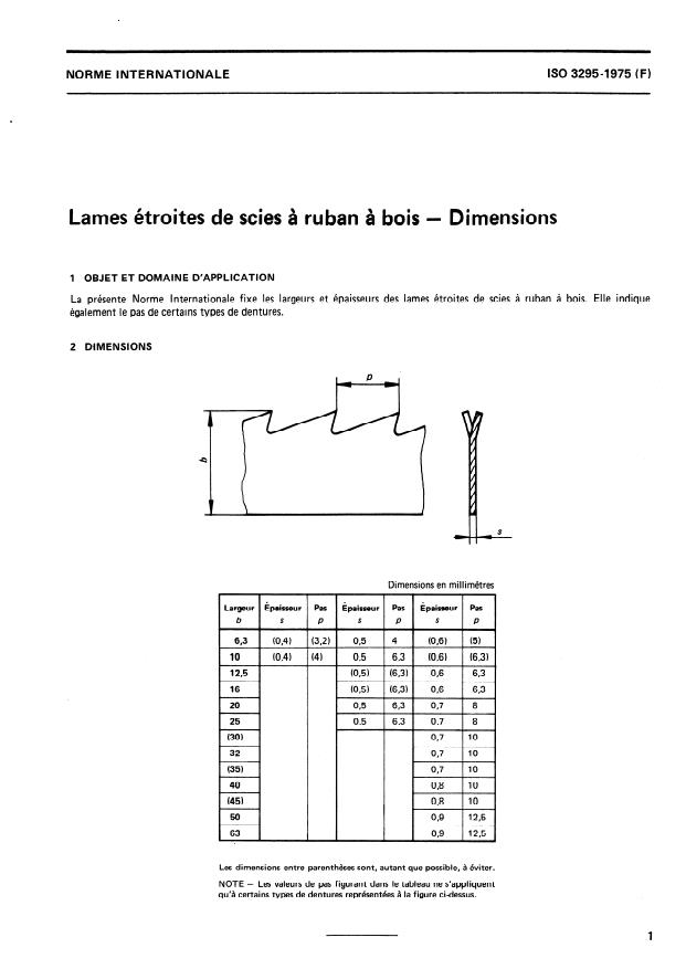 ISO 3295:1975 - Lames étroites de scies a ruban a bois -- Dimensions