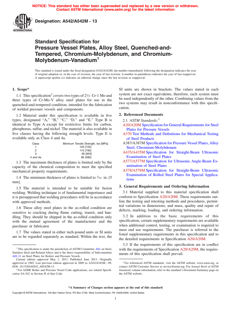 ASTM A542/A542M-13 - Standard Specification for  Pressure Vessel Plates, Alloy Steel, Quenched-and-Tempered,  Chromium-Molybdenum, and Chromium-Molybdenum-Vanadium