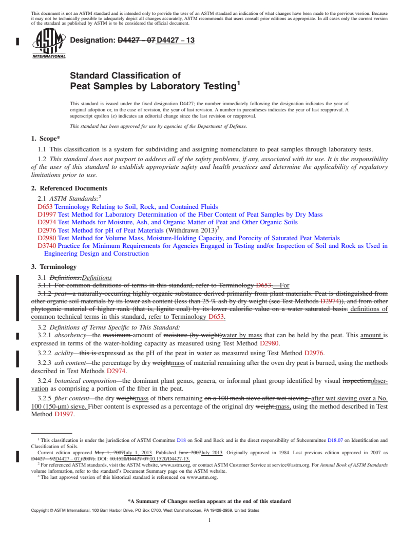 REDLINE ASTM D4427-13 - Standard Classification of  Peat Samples by Laboratory Testing