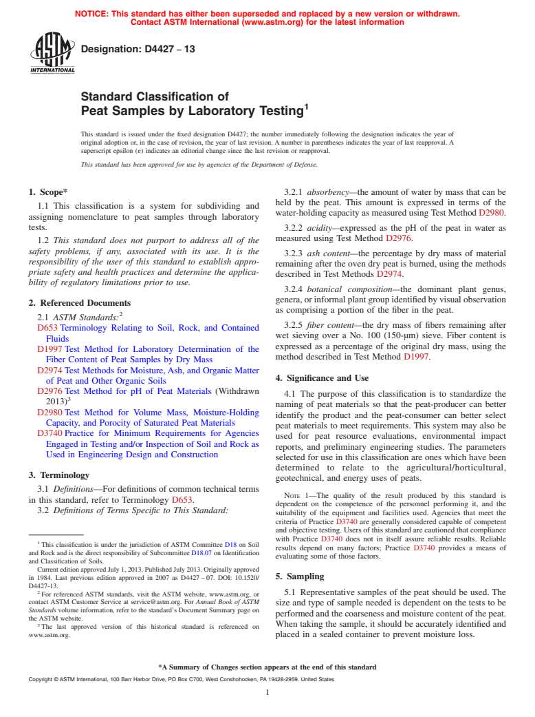 ASTM D4427-13 - Standard Classification of  Peat Samples by Laboratory Testing