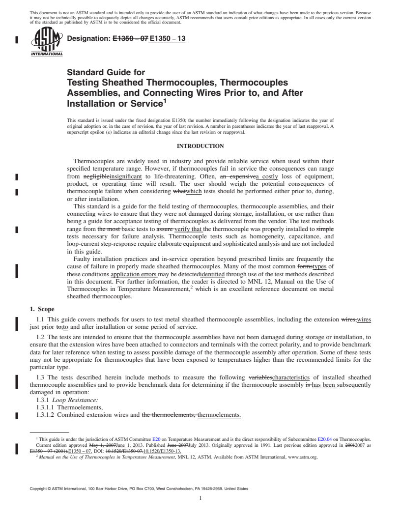 REDLINE ASTM E1350-13 - Standard Guide for  Testing Sheathed Thermocouples, Thermocouples Assemblies, and  Connecting   Wires Prior to, and After Installation or Service