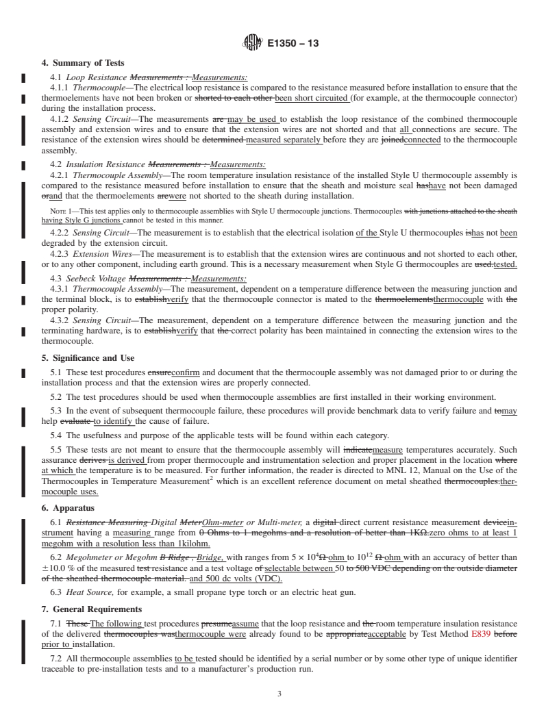 REDLINE ASTM E1350-13 - Standard Guide for  Testing Sheathed Thermocouples, Thermocouples Assemblies, and  Connecting   Wires Prior to, and After Installation or Service