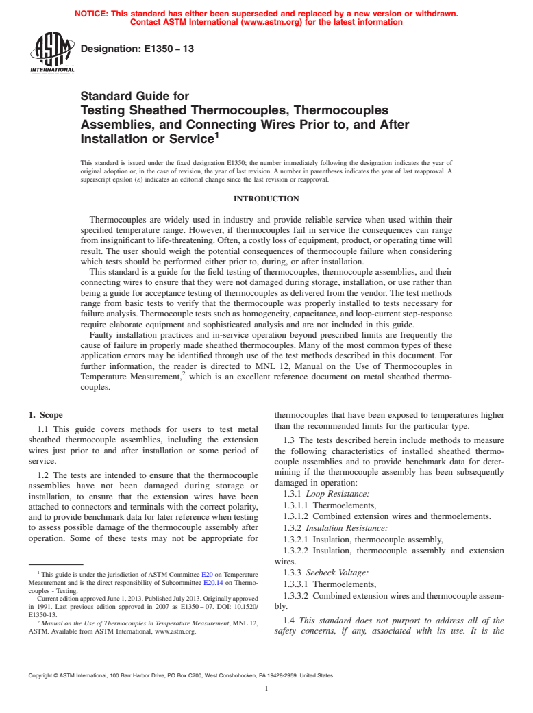 ASTM E1350-13 - Standard Guide for  Testing Sheathed Thermocouples, Thermocouples Assemblies, and  Connecting   Wires Prior to, and After Installation or Service