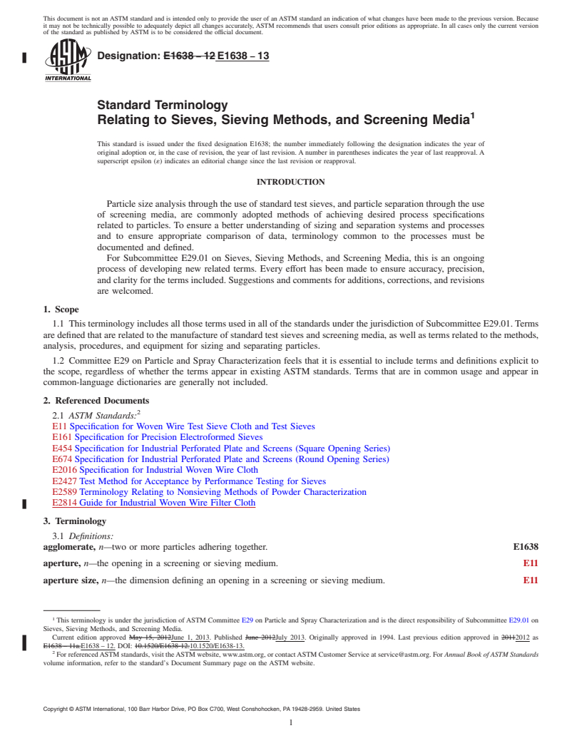 REDLINE ASTM E1638-13 - Standard Terminology  Relating to Sieves, Sieving Methods, and Screening Media