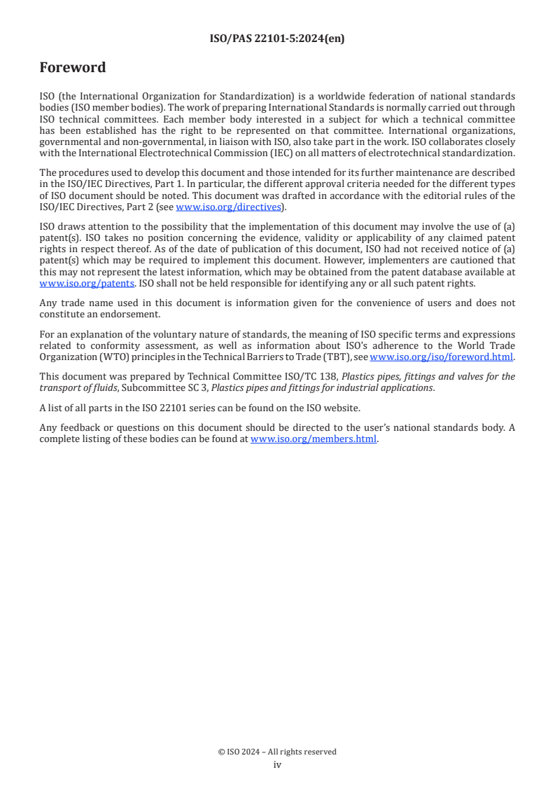 ISO/PAS 22101-5:2024 ISO/PAS 22101-5:2024 - Polyethylene reinforced with short glass fibres (PE-sGF) piping systems for industrial applications — Part 5: Fitness for purpose of the system
Released:1. 07. 2024 - Page 4 preview