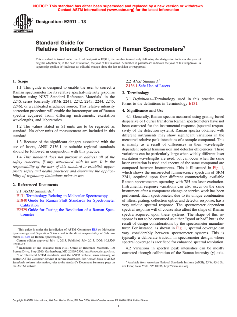 ASTM E2911-13 - Standard Guide for Relative Intensity Correction of Raman Spectrometers (Withdrawn 2022)