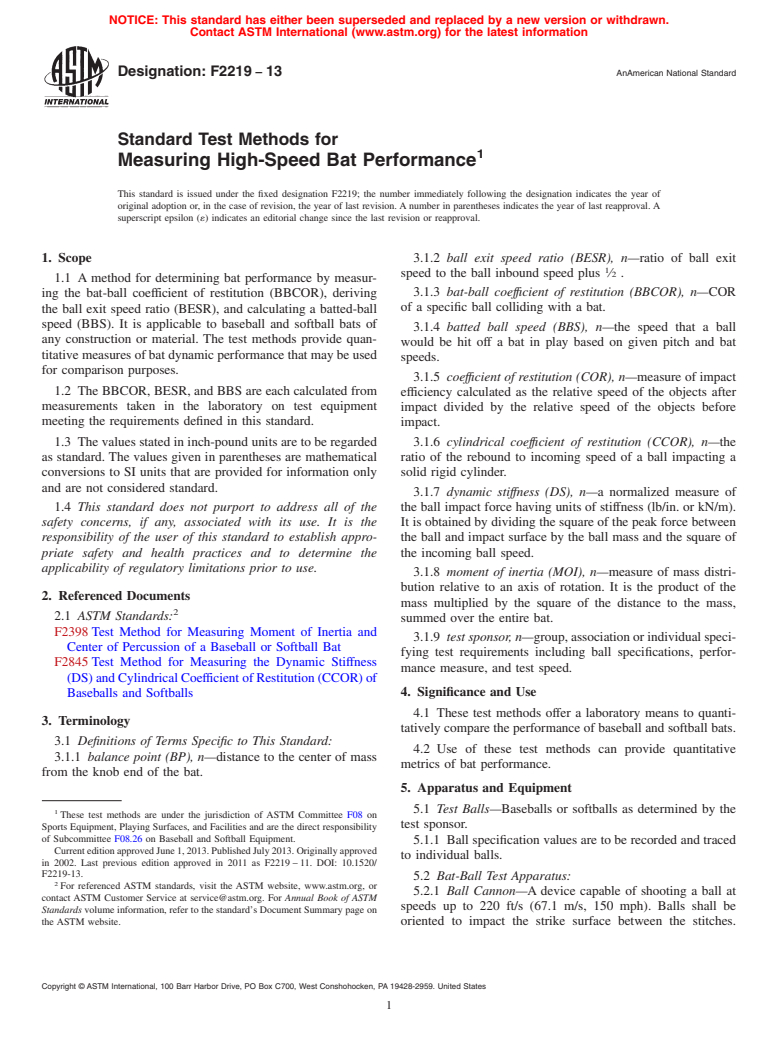 ASTM F2219-13 - Standard Test Methods for  Measuring High-Speed Bat Performance