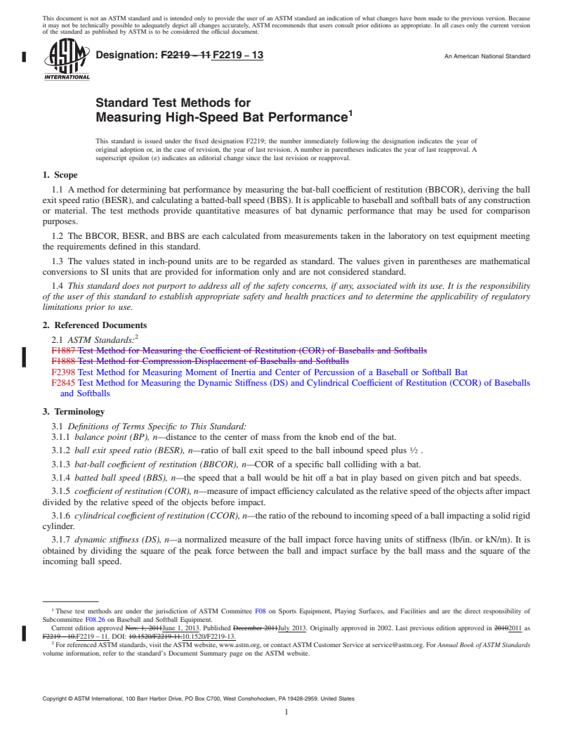 REDLINE ASTM F2219-13 - Standard Test Methods for  Measuring High-Speed Bat Performance