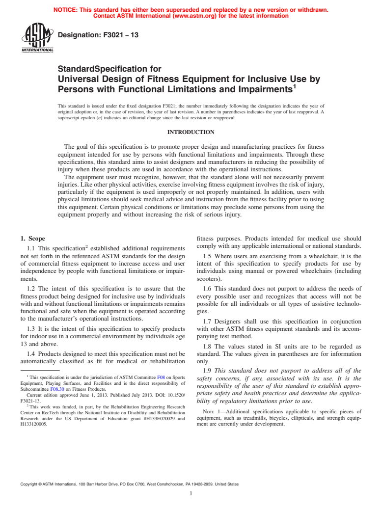 ASTM F3021-13 - Standard Specification for Universal Design of Fitness Equipment for Inclusive Use by  Persons with Functional Limitations and Impairments