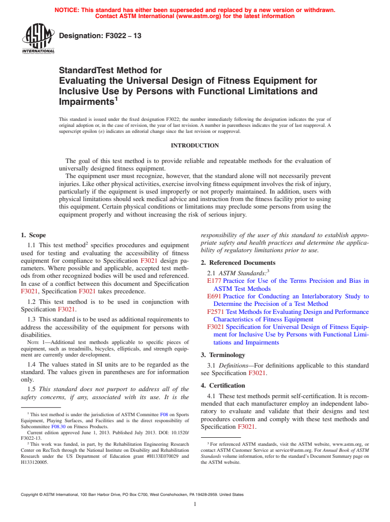 ASTM F3022-13 - Standard Test Method for Evaluating the Universal Design of Fitness Equipment for Inclusive  Use by Persons with Functional Limitations and Impairments