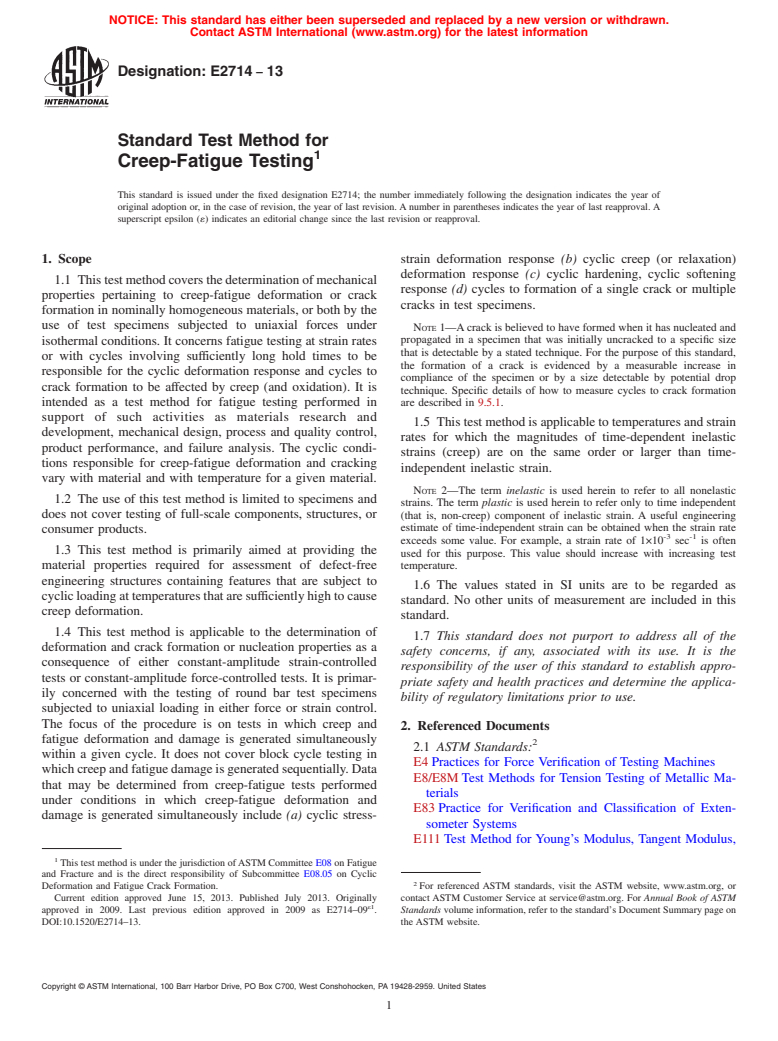 ASTM E2714-13 - Standard Test Method for  Creep-Fatigue Testing