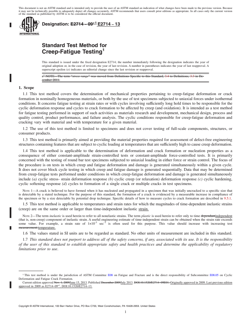 REDLINE ASTM E2714-13 - Standard Test Method for  Creep-Fatigue Testing