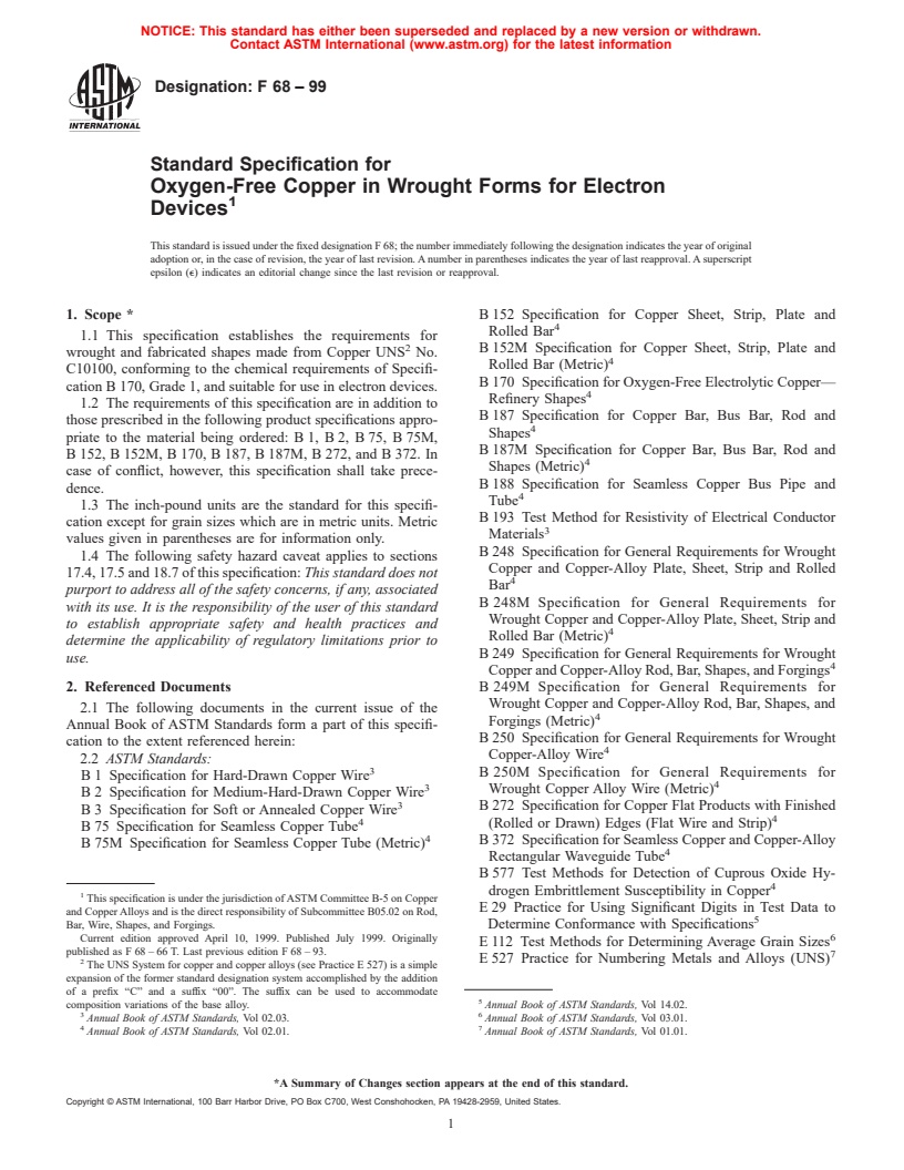 ASTM F68-99 - Standard Specification for Oxygen-Free Copper in Wrought Forms for Electron Devices