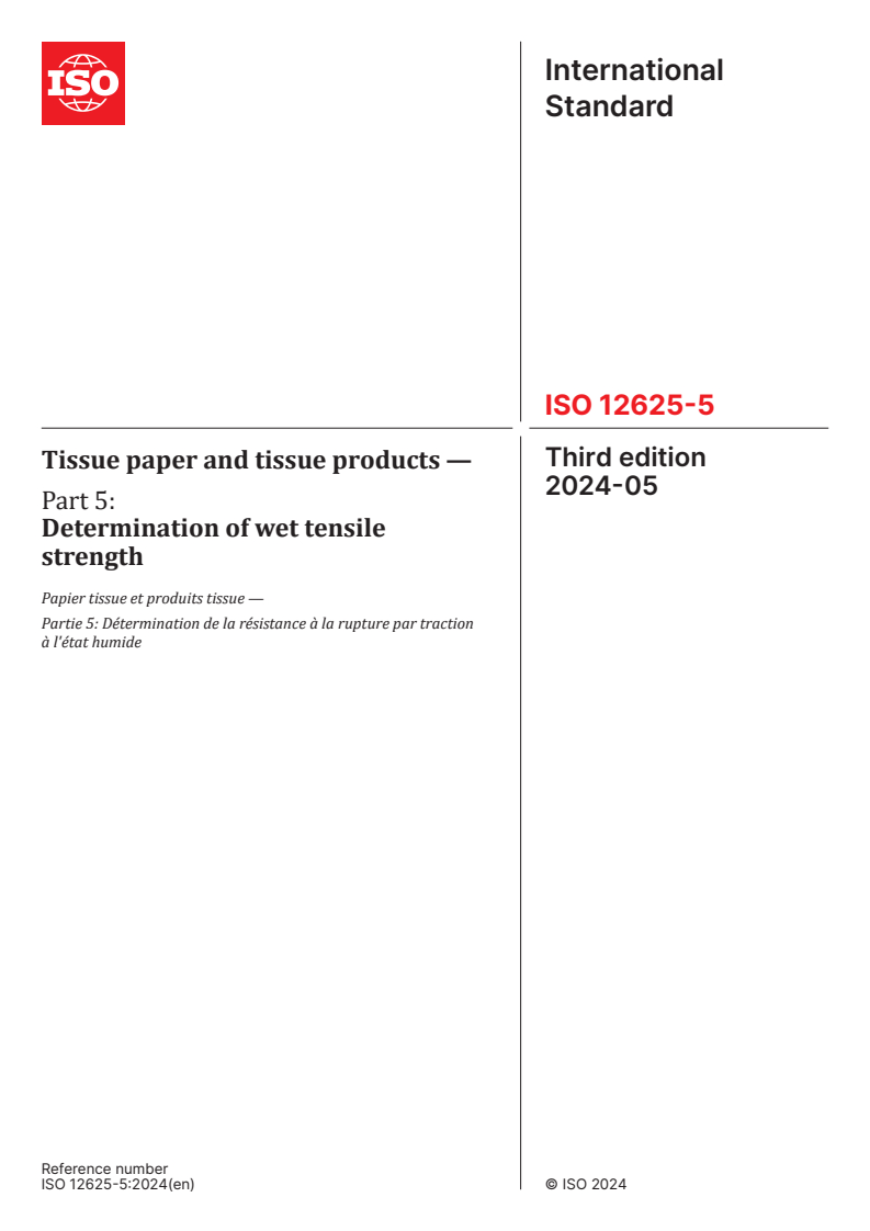 ISO 12625-5:2024 - Tissue paper and tissue products — Part 5: Determination of wet tensile strength
Released:24. 05. 2024
