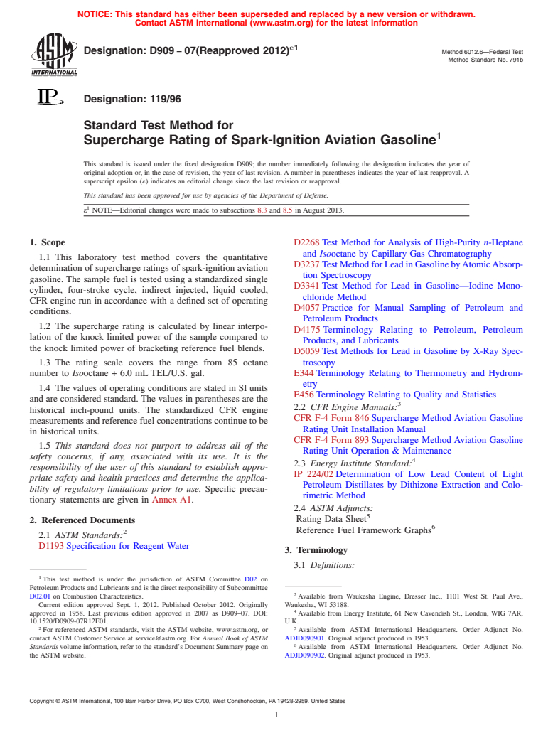 ASTM D909-07(2012)e1 - Standard Test Method for Supercharge Rating of Spark-Ignition Aviation Gasoline