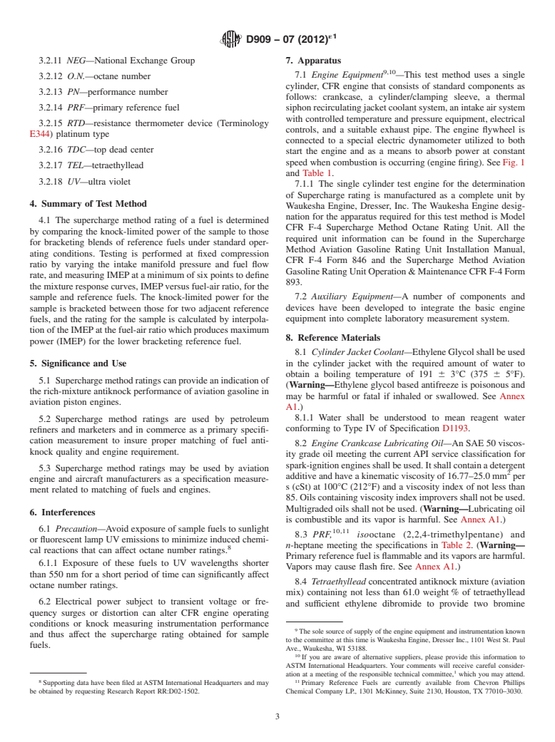 ASTM D909-07(2012)e1 - Standard Test Method for Supercharge Rating of Spark-Ignition Aviation Gasoline