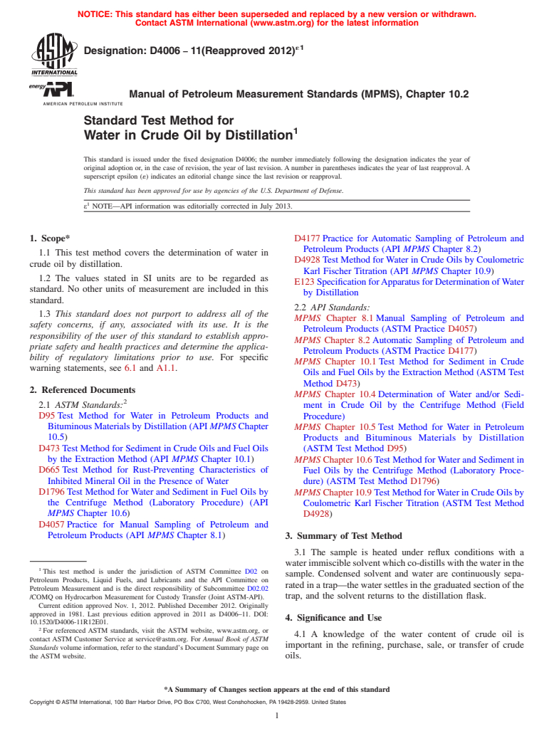 ASTM D4006-11(2012)e1 - Standard Test Method for Water in Crude Oil by Distillation