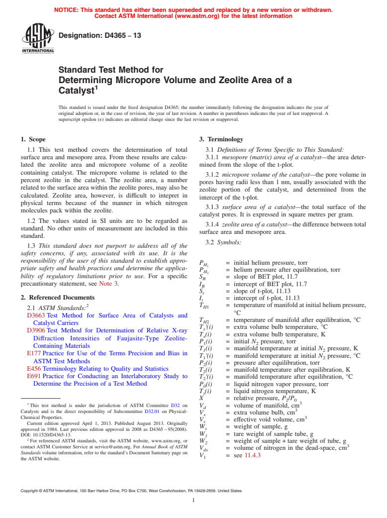 ASTM D4365-13 - Standard Test Method for  Determining Micropore Volume and Zeolite Area of a Catalyst