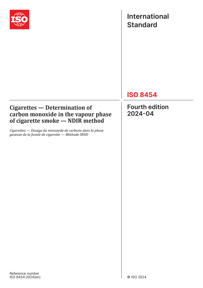 ISO 8454:2024 - Cigarettes — Determination of carbon monoxide in the vapour phase of cigarette smoke — NDIR method
Released:19. 04. 2024