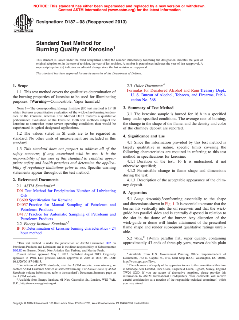 ASTM D187-08(2013) - Standard Test Method for  Burning Quality of Kerosine