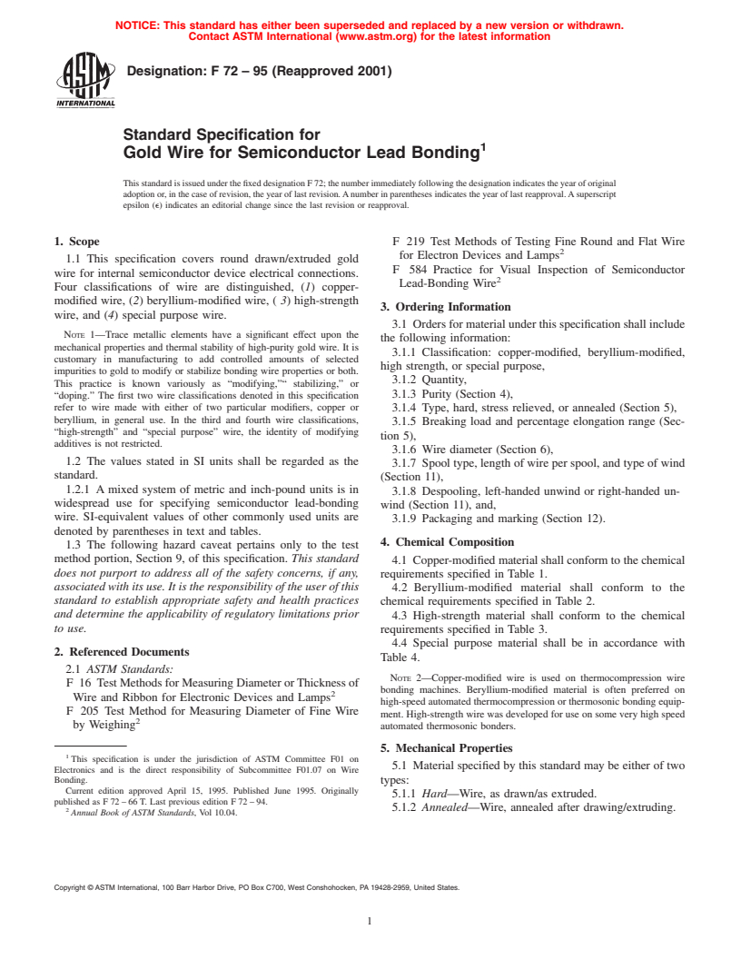 ASTM F72-95(2001) - Standard Specification for Gold Wire for Semiconductor Lead Bonding