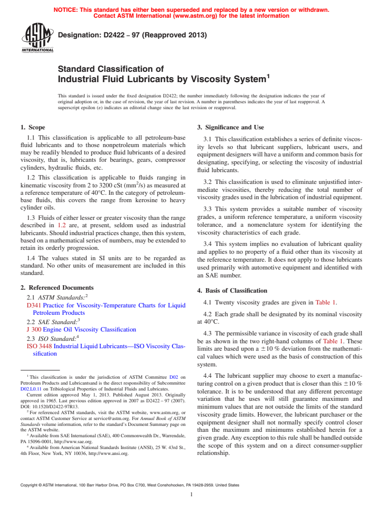 ASTM D2422-97(2013) - Standard Classification of  Industrial Fluid Lubricants by Viscosity System