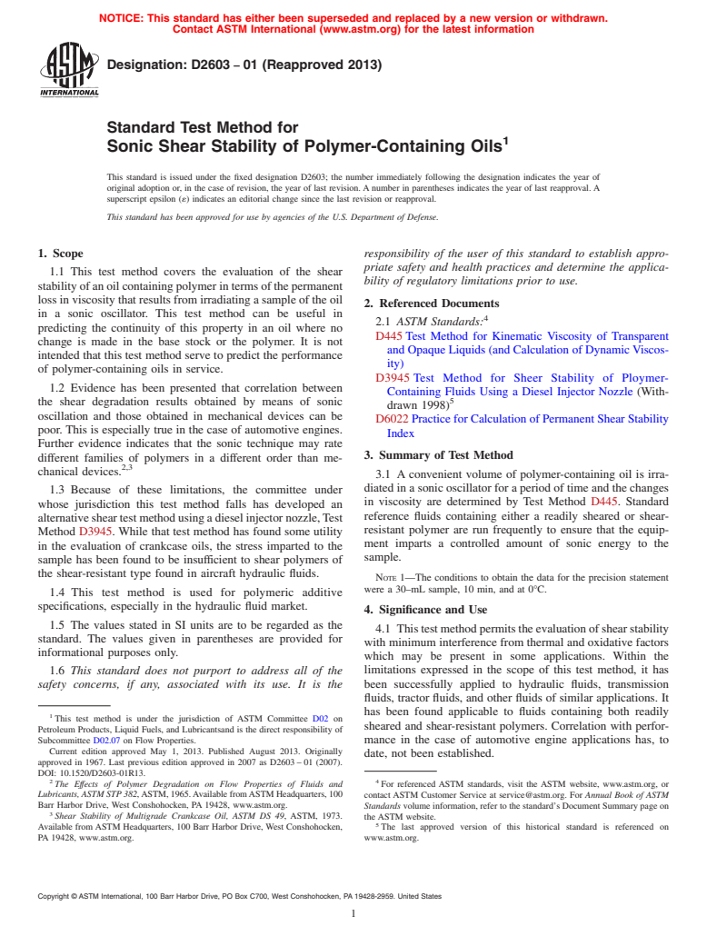 ASTM D2603-01(2013) - Standard Test Method for  Sonic Shear Stability of Polymer-Containing Oils