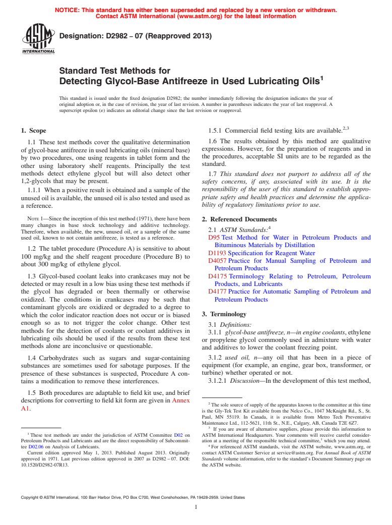 ASTM D2982-07(2013) - Standard Test Methods for  Detecting Glycol-Base Antifreeze in Used Lubricating Oils