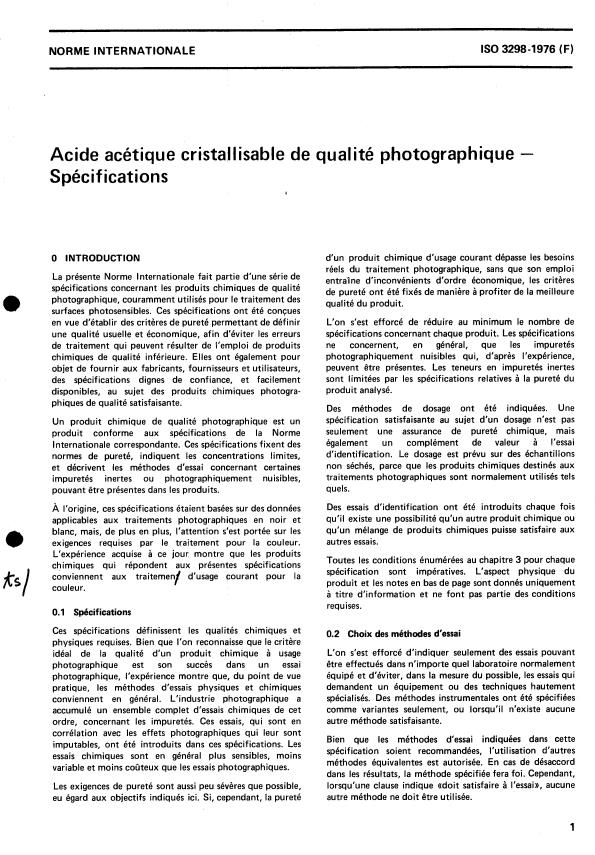 ISO 3298:1976 - Acide acétique cristallisable de qualité photographique -- Spécifications