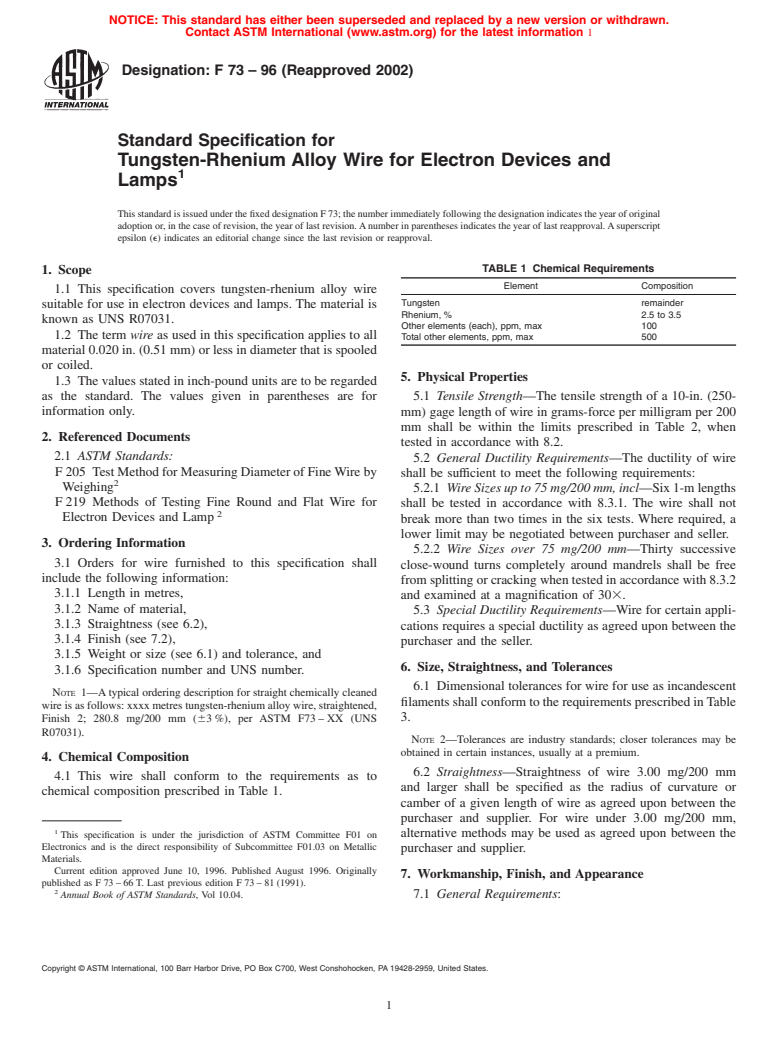 ASTM F73-96(2002) - Standard Specification for Tungsten-Rhenium Alloy Wire for Electron Devices and Lamps