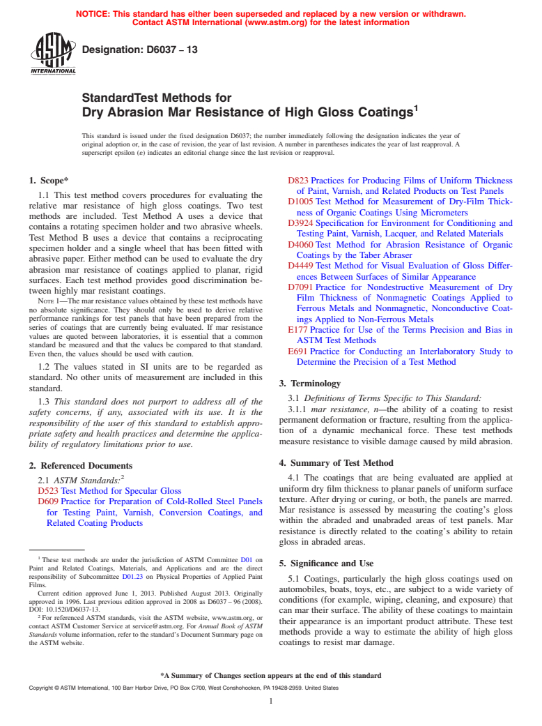 ASTM D6037-13 - Standard Test Methods for Dry Abrasion Mar Resistance of High Gloss Coatings