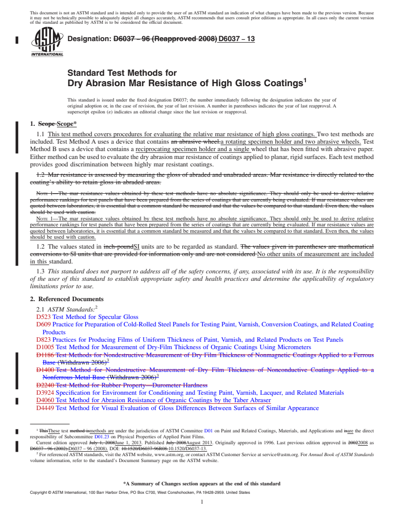 REDLINE ASTM D6037-13 - Standard Test Methods for Dry Abrasion Mar Resistance of High Gloss Coatings