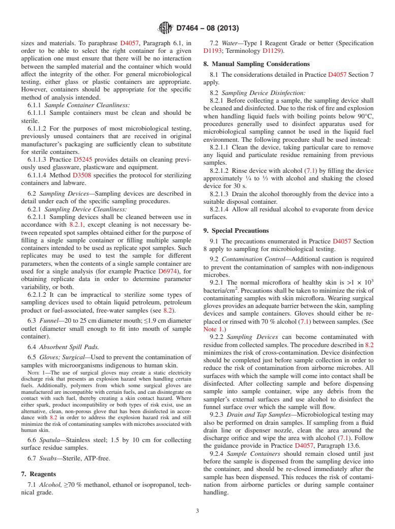 ASTM D7464-08(2013) - Standard Practice for  Manual Sampling of Liquid Fuels, Associated Materials and Fuel  System Components for Microbiological Testing