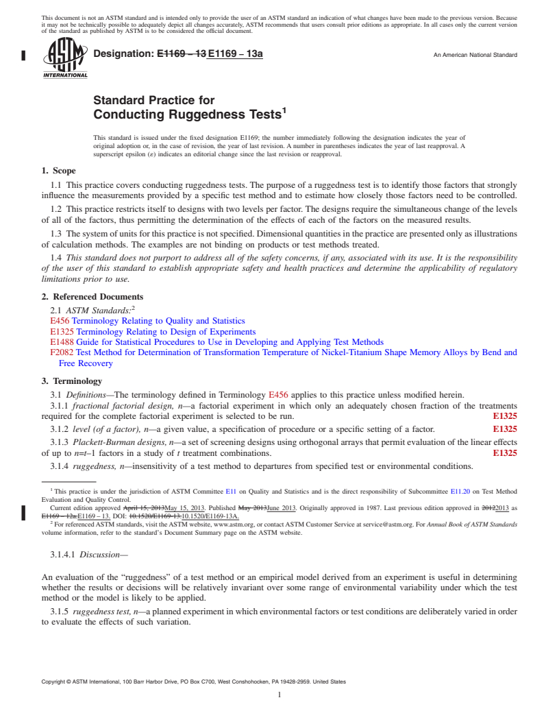 REDLINE ASTM E1169-13a - Standard Practice for  Conducting Ruggedness Tests