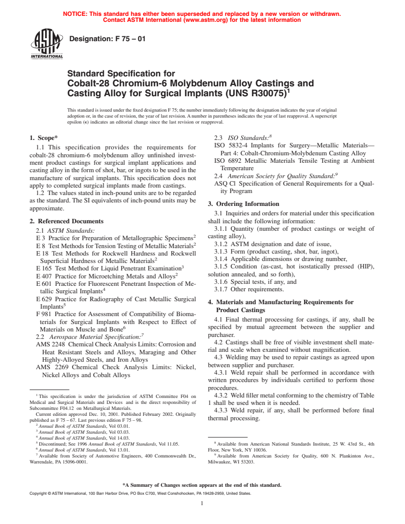 ASTM F75-01 - Standard Specification for Cobalt-28 Chromium-6 Molybdenum Alloy Castings and Casting Alloy for Surgical Implants (UNS R30075)